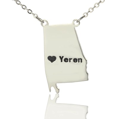 Alabama State USA Map Necklace With Heart Name Silver - The Handmade ™
