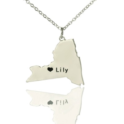 NY State Shaped Necklaces With Heart Name Silver - The Handmade ™