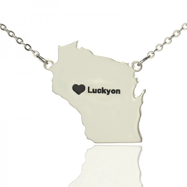 Wisconsin State Shaped Necklaces With Heart Name Silver - The Handmade ™