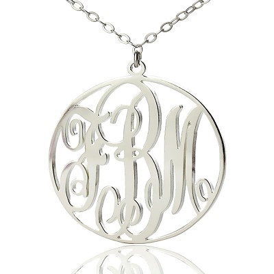 White Gold Vine Font Circle Initial Monogram Necklace - The Handmade ™