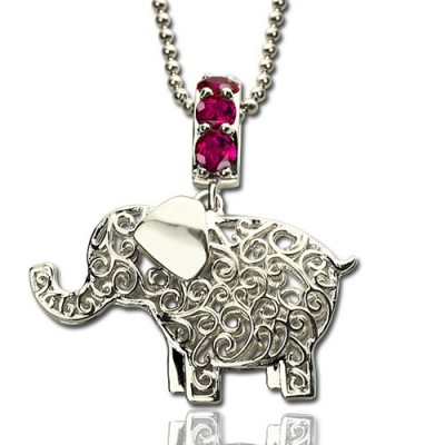 Elephant Charm Necklace with Name Birthstone Silver - The Handmade ™
