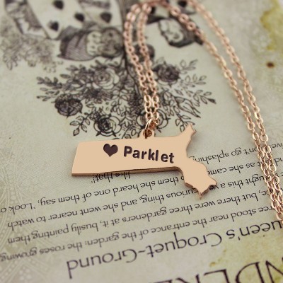 Massachusetts State Shaped Necklaces With Heart Name Rose Gold - The Handmade ™