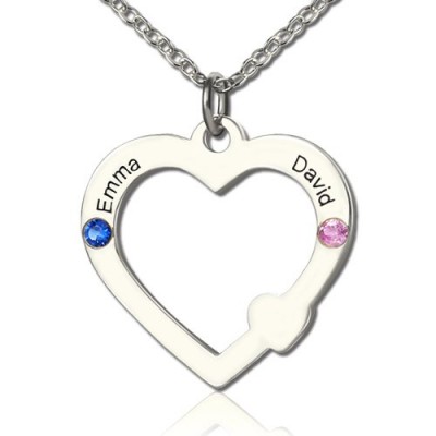 Double Name Open Heart Necklace with Birthstone Silver - The Handmade ™