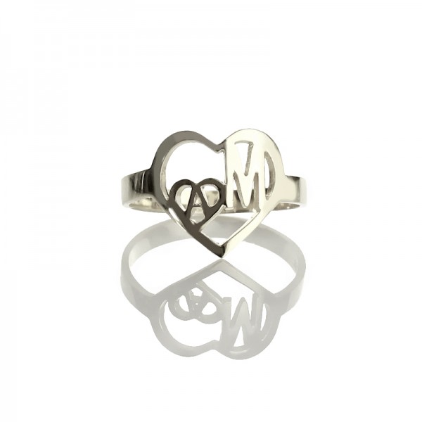 Heart in Heart Double Initials Ring Silver - The Handmade ™