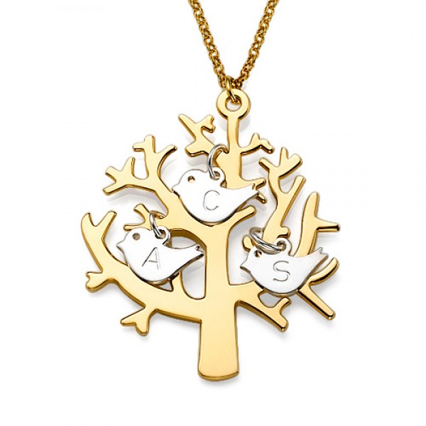 Gold Tree Necklace with 0. Silver Initial Birds - The Handmade ™