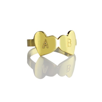 Double Heart Ring Engraved Letter Gold - The Handmade ™