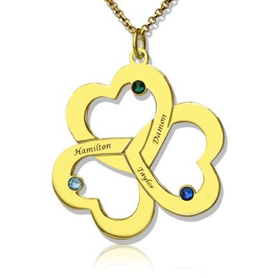 Birthstone Triple Heart Necklace Engraved Name in Gold - The Handmade ™