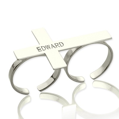 Two finger Cross Ring Engraved Name Silver - The Handmade ™