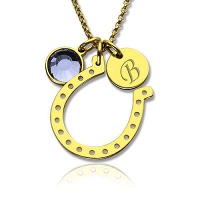 Birthstone Horseshoe Lucky Necklace with Initial Charm Gold Plate - The Handmade ™