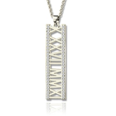 Roman Numeral Vertical Necklace With Birthstones Silver - The Handmade ™
