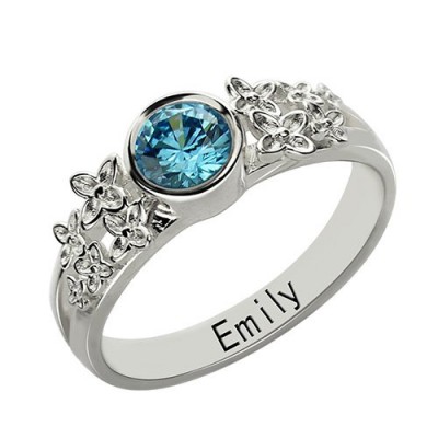 Personalised Flower Engagement Birthstone Name Ring Silver - The Handmade ™