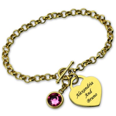 Engravable Birthstone Bracelet with Heart Name Charm Gold Plate - The Handmade ™