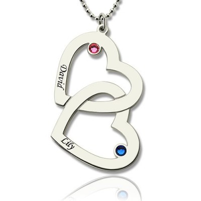Double Heart Necklace with Name Birthstones Silver - The Handmade ™