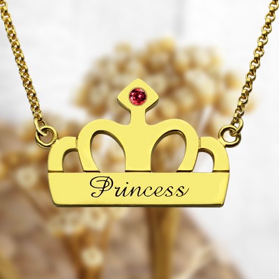 Princess Crown Charm Necklace with Birthstone Name Gold - The Handmade ™