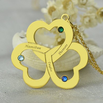 Birthstone Triple Heart Necklace Engraved Name in Gold - The Handmade ™