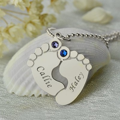 Personalzied Baby Feet Name Necklace with Birthstone Silver - The Handmade ™