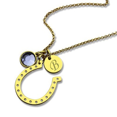 Birthstone Horseshoe Lucky Necklace with Initial Charm Gold Plate - The Handmade ™