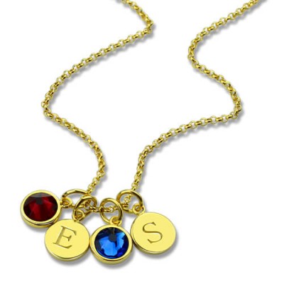Double Discs Initial Necklace with Birthstones In Gold - The Handmade ™