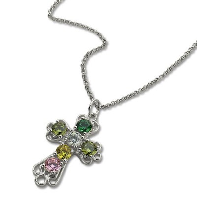 Cross Necklace with Birthstones Silver - The Handmade ™