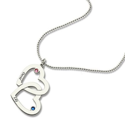 Double Heart Necklace with Name Birthstones Silver - The Handmade ™