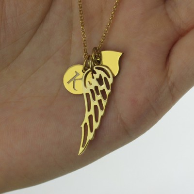 Good Luck Angel Wing Necklace with Initial Charm Gold - The Handmade ™