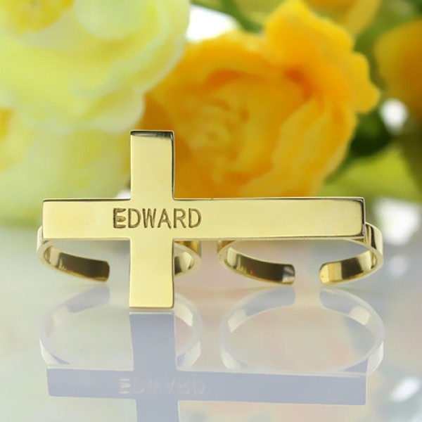 Engraved Name Two finger Cross Ring Gold - The Handmade ™