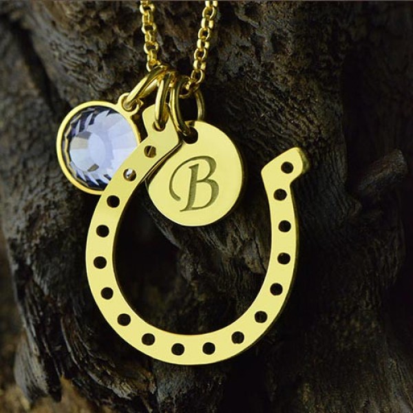 Birthstone Horseshoe Lucky Necklace with Initial Charm Gold Plate - The Handmade ™