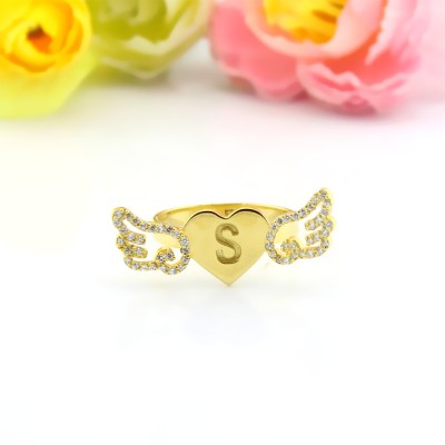 Angel Wings Heart Ring with Birthstone Initial Gold - The Handmade ™