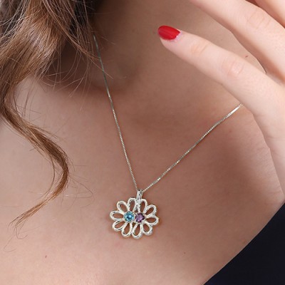 Personalised Double Flower Pendant with Birthstone Silver - The Handmade ™