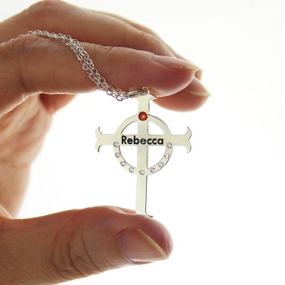 Circle Cross Necklaces with Birthstone Name Silver - The Handmade ™