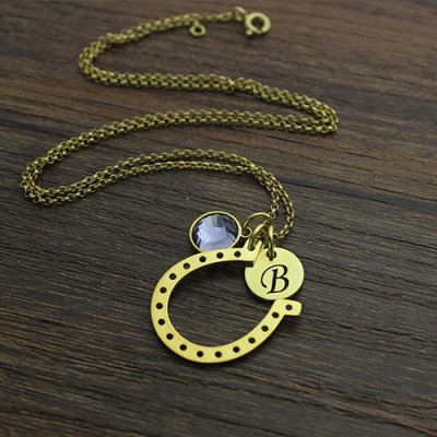 Birthstone Horseshoe Lucky Necklace with Initial Charm Gold Plate - The Handmade ™