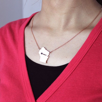 Wisconsin State Shaped Necklaces With Heart Name Rose Gold - The Handmade ™