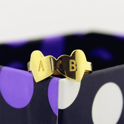 Double Heart Ring Engraved Letter Gold - The Handmade ™