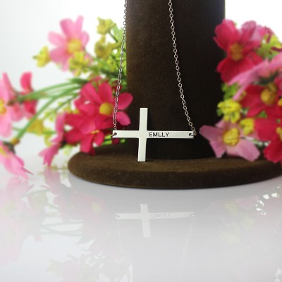 Silver Latin Cross Necklace Engraved Name 1.25" - The Handmade ™