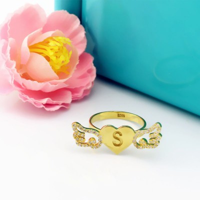 Angel Wings Heart Ring with Birthstone Initial Gold - The Handmade ™
