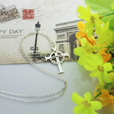 Circle Cross Necklaces with Birthstone Name Silver - The Handmade ™