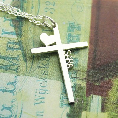 Silver Cross Name Necklace with Heart - The Handmade ™