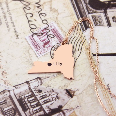 NY State Shaped Necklaces With Heart Name Rose Gold - The Handmade ™