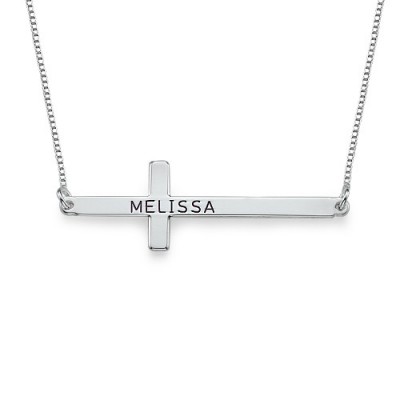 Engraved Silver Sideways Cross Necklace - The Handmade ™