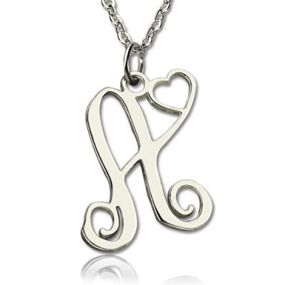 One Initial Monogram With Heart Necklace Silver - The Handmade ™