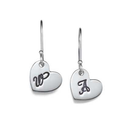 Silver Dangling Heart Earrings with Initial - The Handmade ™