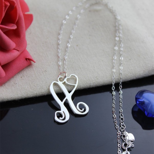 One Initial Monogram With Heart Necklace Silver - The Handmade ™