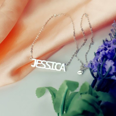 Block Letter Name Necklace Silver - "jessica" - The Handmade ™