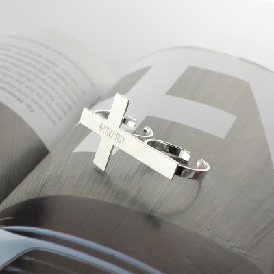 Two finger Cross Ring Engraved Name Silver - The Handmade ™