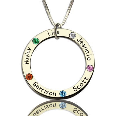 Mothers Family Circle Name Necklace Engraved Birthstone Silver - The Handmade ™