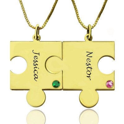 Matching Puzzle Necklace for Couple With Name Birthstone Gold Plate - The Handmade ™