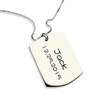 Personalised ID Dog Tag Bar Pendant with Name and Birth Date Silver - The Handmade ™