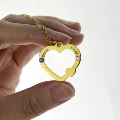 Gold Open Heart Necklace with Double Name Birthstone - The Handmade ™