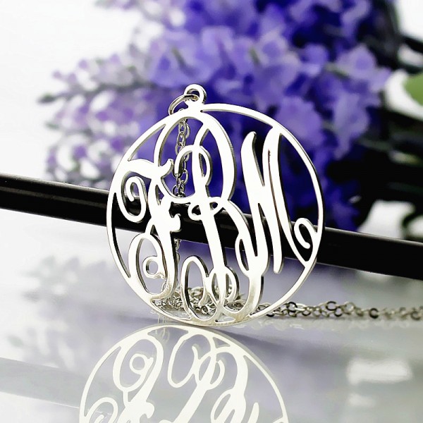 White Gold Vine Font Circle Initial Monogram Necklace - The Handmade ™