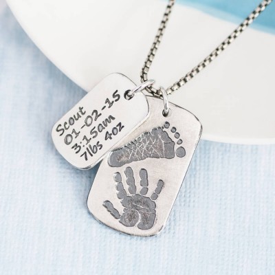 Dog Tag With Baby Prints And Birth Info Necklace - Two Pendants - The Handmade ™